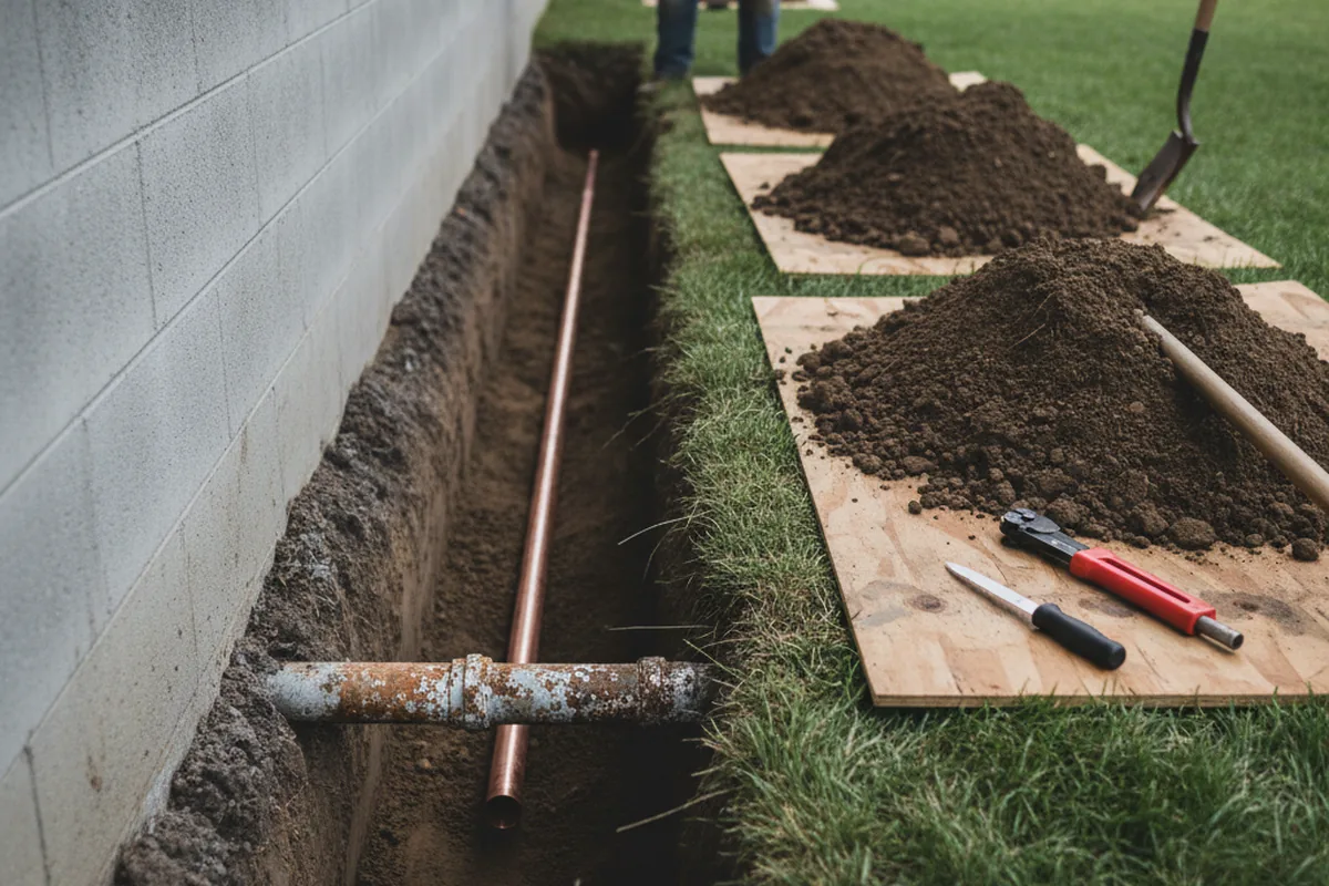 Excavated water line trench during Water Softener Installation in Weimar
